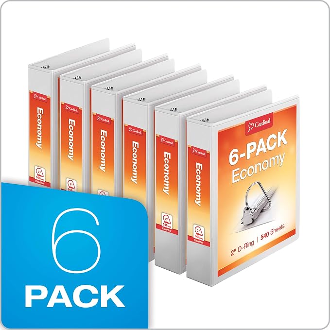 Tops Cardinal Economy 3-Ring Binders, 2", Slant-D Rings, Holds 540 Sheets, ClearVue Presentation View, Non-Stick, White, Carton of 6 (90761)