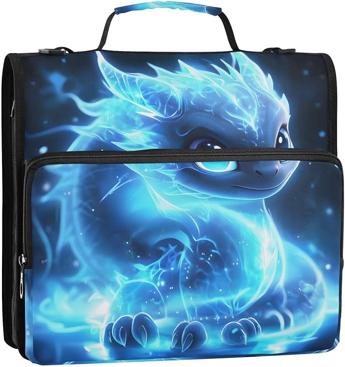 3 D-Ring Zipper Binder Bag, Cute Blue Glowing Dragon Removable Binder with Zipper Case Hold 300+ Sheets& 13 Inch Laptop for School Office Supplies Organizer