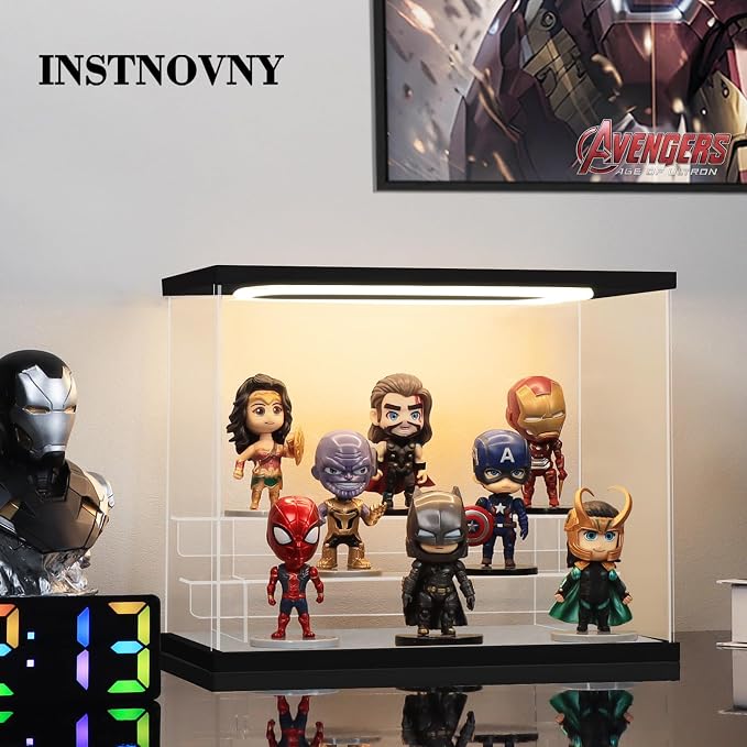 Clear Acrylic Display Case with Light 3 Tier Display Storage Box Assembly Dustproof Showcase for Collectibles Action Figures(Black, 12.0*6.9*9.4inch)