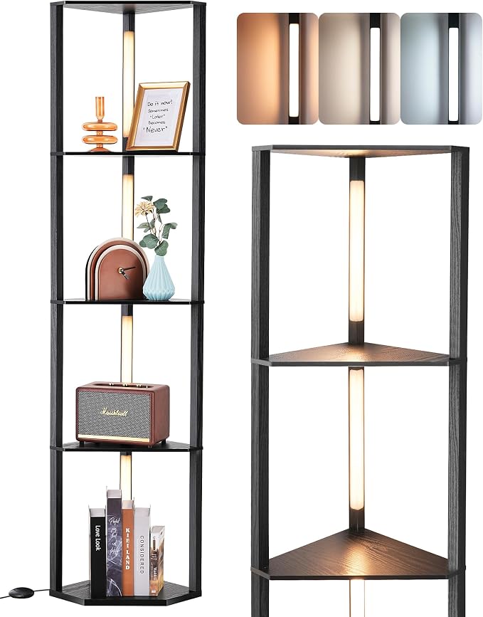 EDISHINE 64'' Corner Display Shelf Floor Lamp, 3CCT, Floor Lamp, Black | Stepless Dimming, Modern 4-Layer Shelf, Foot Switch, 3000K-4000K-5000K, Tall Corner Lamp for Bedroom, Office, Dining Room