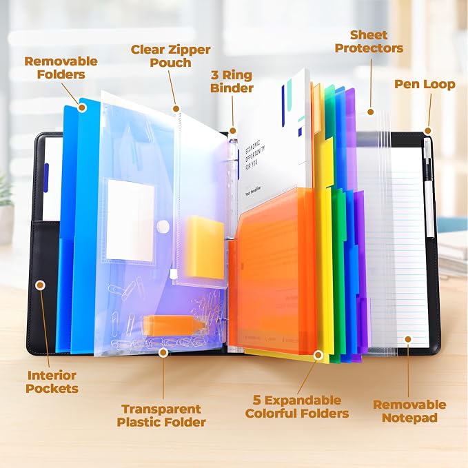JoyCat 3 Ring Binder Clipboard with Storage, 5 Folders, Classical | 3 ring clipboard portfolio combines five expandable folders, a refillable letter size notepad and storage