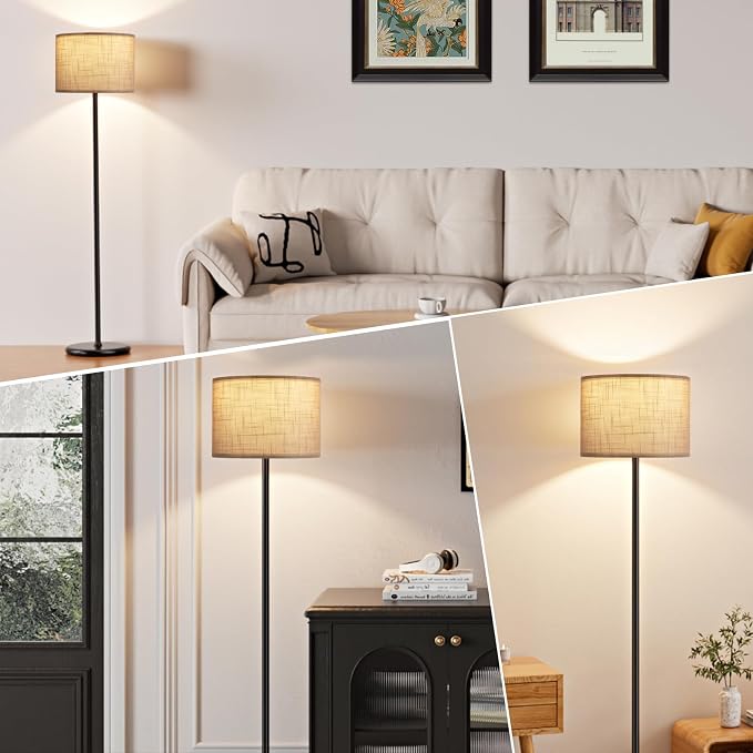 60'' Modern Floor Lamp with Shade, Tall Lamps for Living Room, Bedroom, Office, Dining Room, Linen Grey Shade with Black Pole(Without Bulb)