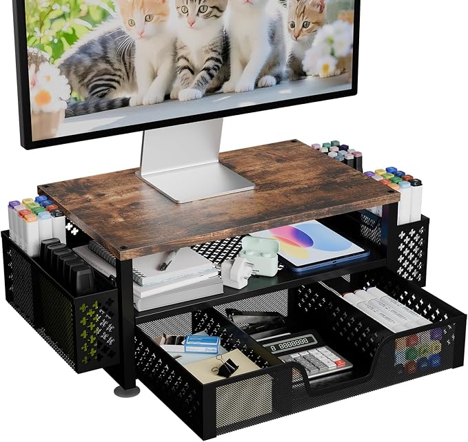 Simple Trending Monitor Stand with Drawer, 2-Tier Laptop Stand, Wood | Desk Organizers and Accessories with Drawer and 2 Pen Holders, Wood + Metal Stand Riser for Home Office, 20"W x 10"D x 5.8"H