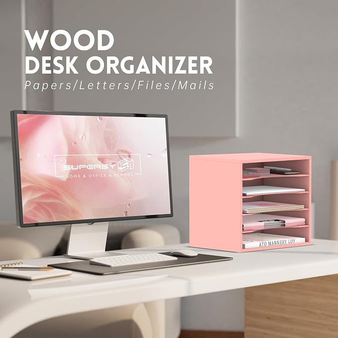 5 Tier Wood Desk Organizer, Mail Sorter and Paper Organizer for Desk, Pink | Wooden Desktop Organizer for Sorting Papers, Letters and Mails, Literature Organizer for Home Office, Classroom Organization