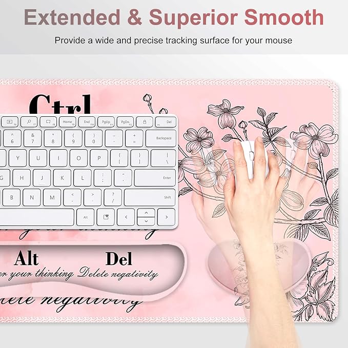 Large Gaming Mouse Pad Pink Floral, Ergonomics Keyboard Desk Mat with Wrist Rest, Cute Extended Game Mousepad, Non-Slip Desk Matt Easy Typing I Inspirational with Positive Quotes Ctrl Alt Del