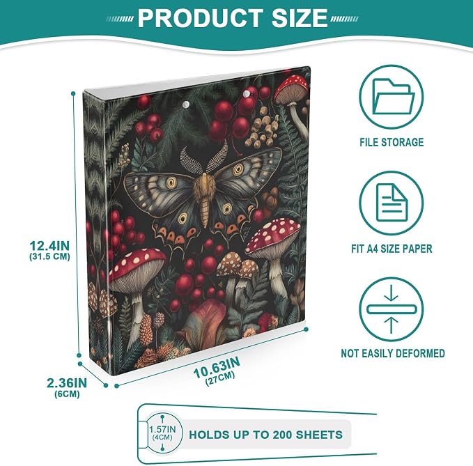 3 Ring Binder Moth Mushroom Fern 1.5" Round Ring Binders View Binder with 200 Sheet for Kids School Supplies Women Men Office, 1 Pack