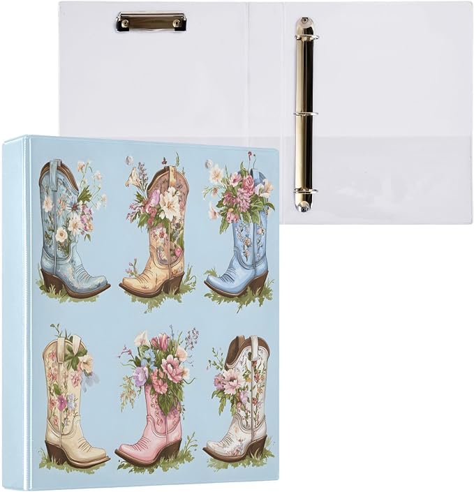 3 Ring Binder Cowboy Boots Flowers 1.5" Round Ring Binders View Binder with 200 Sheet for Kids School Supplies Women Men Office, 1 Pack