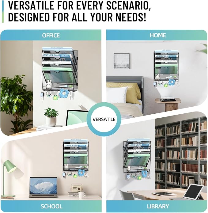 5-Tier Wall File Organizer with 5 Hooks, Wall Mounted Mail Organizer | File Holder Organizer, Metal Mesh Office Wall Organizer for Home, School & Classroom