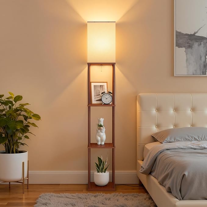 Floor Lamp with Shelves, 3-Tier Modern Square Bookshelf Standing Lamp Brown | 3 Color Temperature Bulb Included, Pull Chain Tall Lamp for Living Room Bedroom Corner Office Apartment Decor