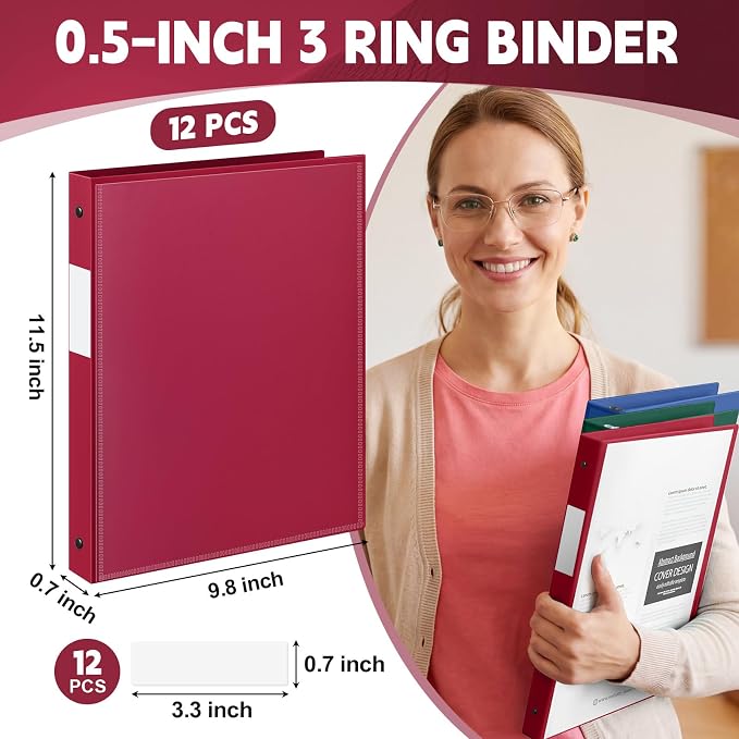 Henoyso 1/2 Inch 3 Ring Binders with Clear Front Cover and 2 Pockets, Round Ring Binders Fits 8.5'' x 11'' Letter Size Paper for School Office Supplies, 12 Pack (Assorted Classic Color)
