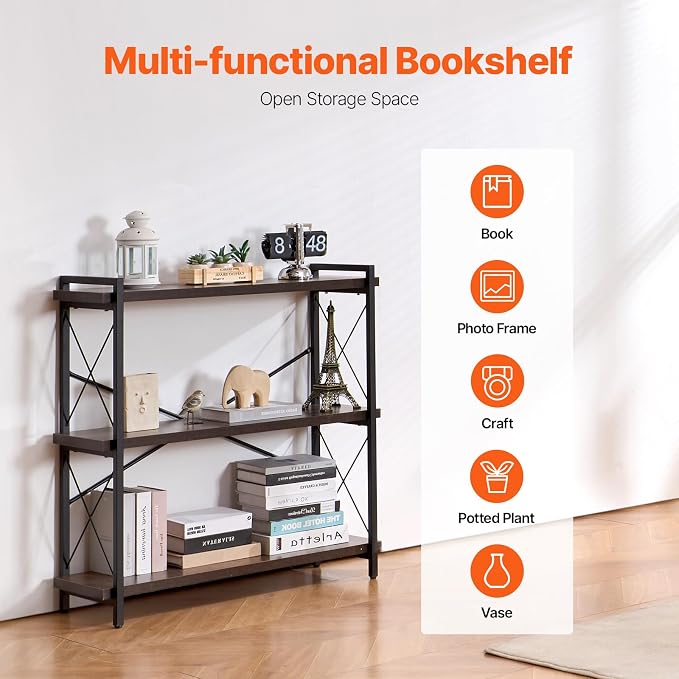 VEVOR Metal Bookshelf, 3-Tier Industrial Bookshelf, Small Rustic Storage Display Bookcase with Open Shelves, Freestanding Display Vintage Shelving Unit Storage Rack, for Living Room, Bedroom & Office