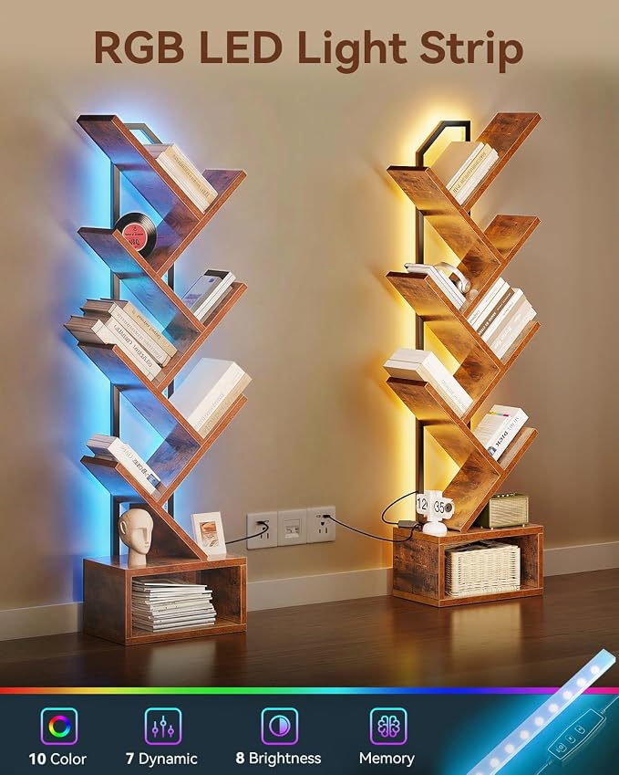 Casaottima Tree Bookshelf with LED Lights, 6-Tier Small Bookshelf, Vintage | Narrow Bookcase for Small Spaces, Steel & Wood Storage Shelf with Cabinet, Home Organizer for Living Room, Bedroom, Office
