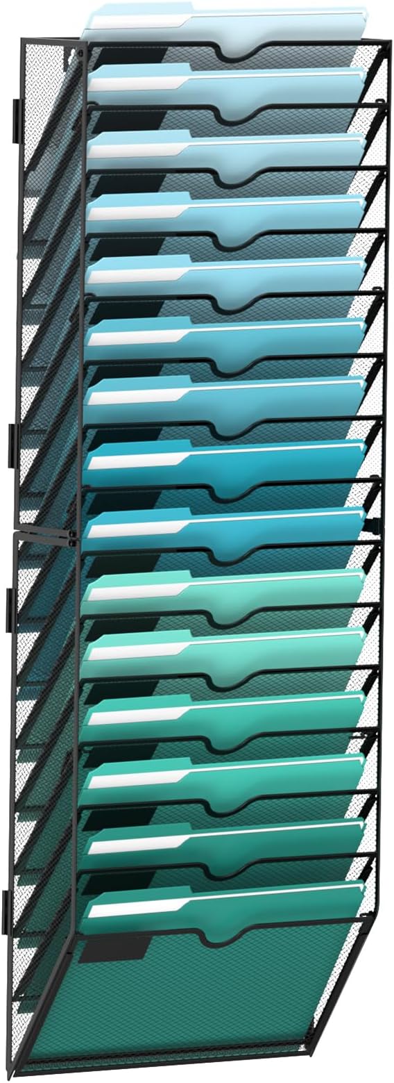 15-Tier Wall File Organizer, Hanging File Holder, Wall Mounted Mail Sorter | Metal Mesh Hanging File Organizer with Open Compartments and Label Panels for Papers and Folders at Home, Office or School
