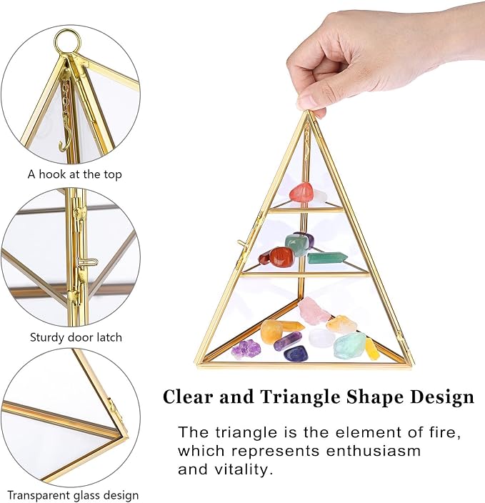 ELLDOO 3 Tier Glass Display Case for Collectibles, Triangular Crystal Display Shelf, Crystal Holder Decorative Display Tray for Crystals Healing Stones Marbles, Gold Metal Jewelry Display Stand