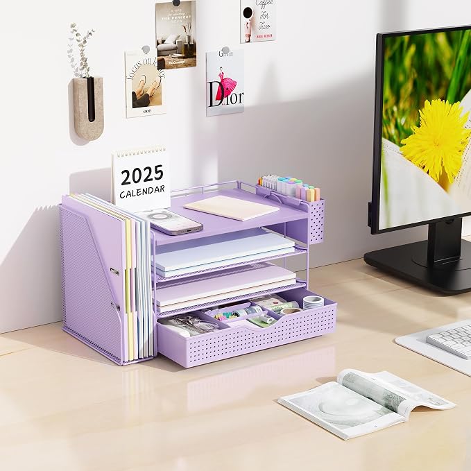gianotter Wood Desk Organizers and Accessories with File Holder, 4-Tier Desk Accessories & Workspace Organizers with Drawer and Pen Holder, Desk Reference Organizer (Purple, 4T with Drawer)