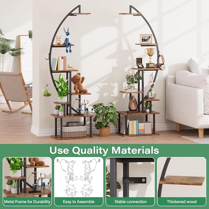 Tall Bookshelf with Lights, 2 Pack Ladder Bookcase, 7 Tier Arched Home Office Storage Book Collectibles Shelves, 64" Modern Corner Display Shelf for Bedroom Living Room Balcony, Rustic Brown