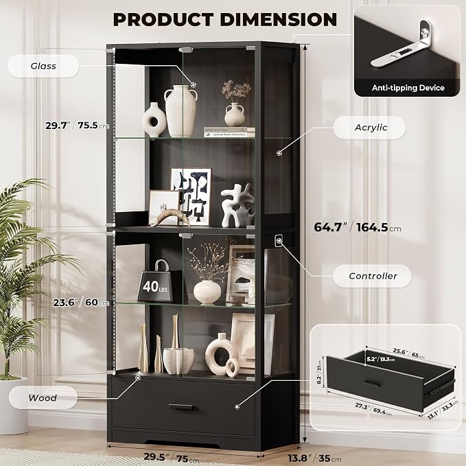 BROTTAR 4-Tier Display Cabinet with Glass Doors and Drawer for Collectibles | Glass Display Case with 3-Color Lights & Human Body Sensor, Curio Cabinets with Adjustable Shelves for Living Room, Black