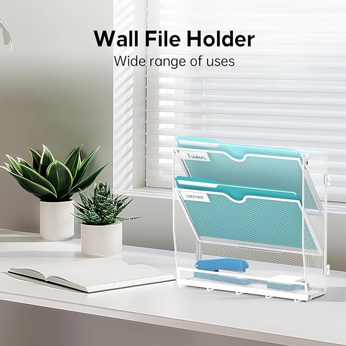 3-Tier Wall File Organizer and Mail Organizer with 5 Hooks, White | Label slots, curved openings, 5 key hooks, and a bottom tray support organized mail, file, and everyday item storage.