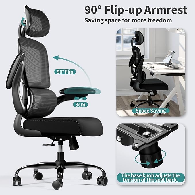 TRALT Office Chair Ergonomic Desk Chair - Gaming Chair with Lumbar Support | 330 LBS Home Office Desk Chairs with Headrest, Reading Chair with Flip-up Armrests, Comfortable Computer Chairs (6, Black)
