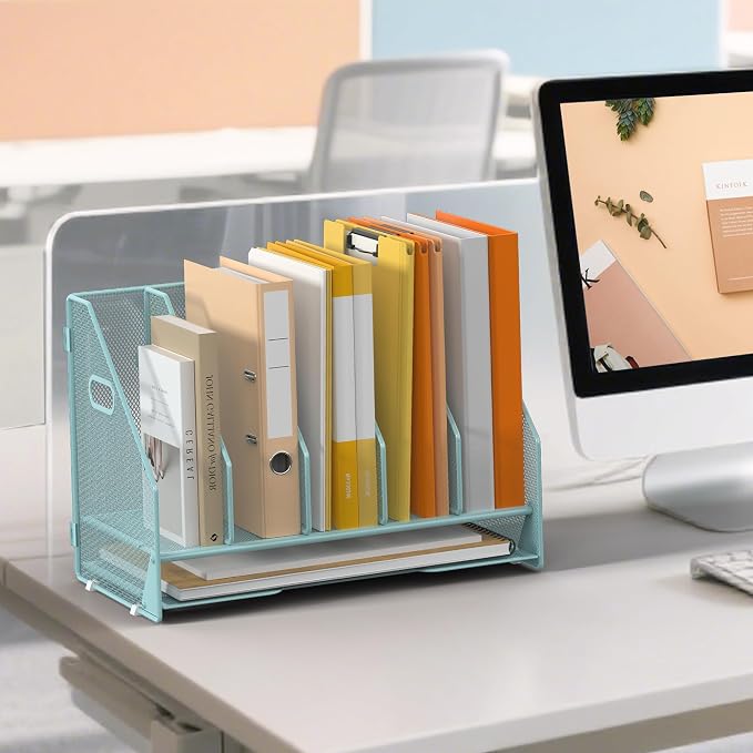 5 Vertical Mesh Desk Organizer with Paper Letter Tray, Blue | Sorting racks with lower letter tray section. Multipurpose mesh desktop space saver for home office and school