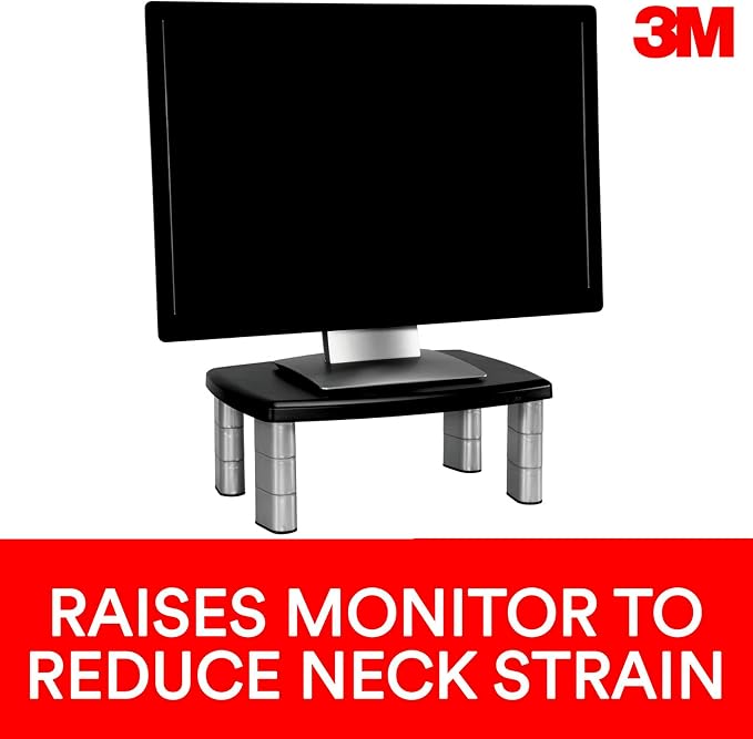 3M Adjustable Monitor Stand, Three Leg Segments, Simply Adjust Height from 1" to 5 7/8", Holds Up to 80 lbs, 11" Space Between Columns, Silver/Black (MS80B)
