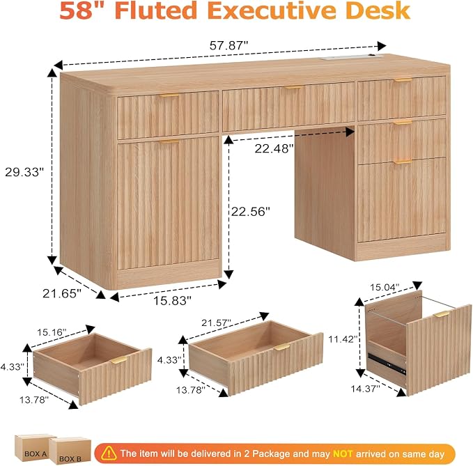 knoworld Fluted Executive Desk with Charging Station, 58" Wood Home Office Desk with 4 Drawers, 1 File Cabinet, 1 Storage Cabinet, Modern Writing Desk for Work, Living Room, Bedroom (Natural)