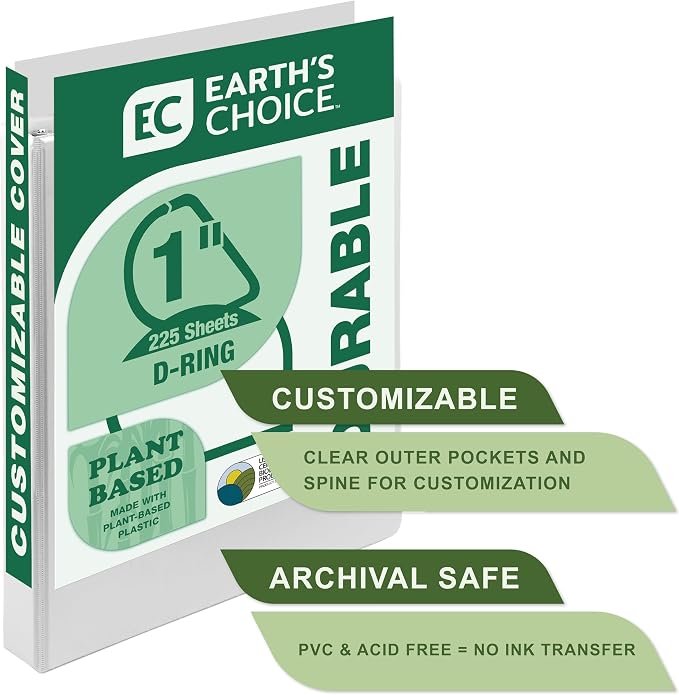 Samsill Earth's Choice, 1" Durable D-Ring View Binder, USDA Certified Biobased, Eco-Friendly, White, 2 Pack