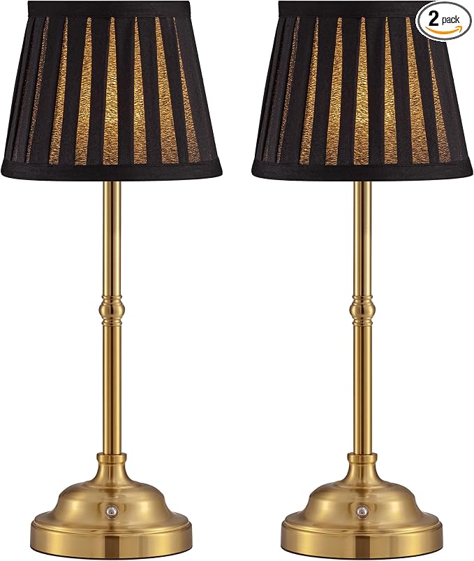 KDG Gold Cordless LED Table Lamps Set of 2, Black Fabric Shade Desk Lamps | Portable 4000mAh Rechargeable Battery Powered, Dimmable Lighting for Dining Room, Bedroom, Bedside, Night Light, Balcony