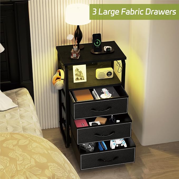 runjuly End Table with LED Light, Charging Station and Hooks, Modern Black | 3 Fabric Drawers Storage, Type C & USB Ports & Power Outlets, Industrial Style, Small Nightstand for Living Room / Bedroom