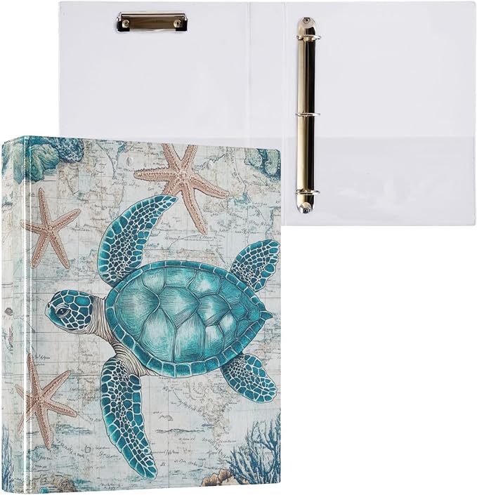 Vintage Sea Turtle Binder 1.5 Inch Binder with Clipboard&Pockets, Nautical Starfish and Turtle Hardcover Binders 3 Ring Heavy Duty Large File Folder for Office School Supplies-Holds 200 Sheets