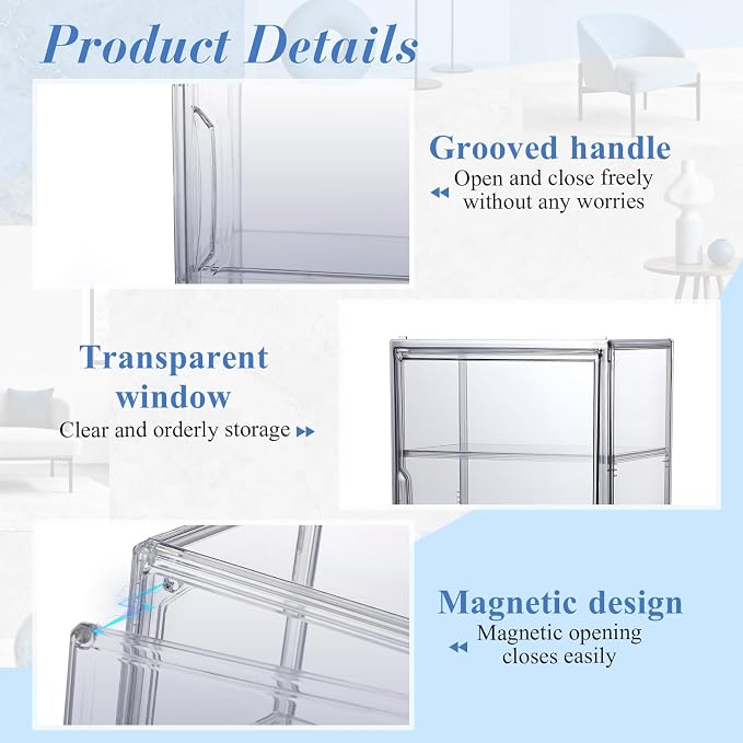Clear Acrylic Display Case 3 Tier Display Shelf Storage Boxes Cabinet Organizer with Magnetic Door for Figures Toys (2 Pcs，Gray)