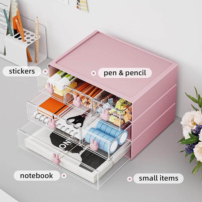 Marbrasse Desk Organizer with 6 Drawers, 3 Tier Stackable Storage Drawers Plastic Makeup Storage, Office Organizers and Storage, Desk Storage Box for Office, School, Home Pink