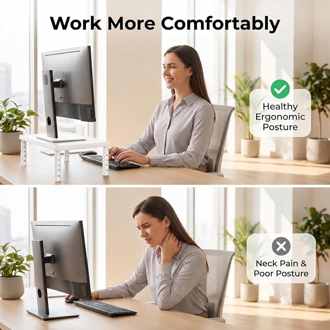 Adjustable Monitor Stand Riser for Desk, Wood Computer & Laptop Stand, Desk Organizers and Accessories, Office Desk Accessories & Workspace Organizer for Home Office Supplies, White