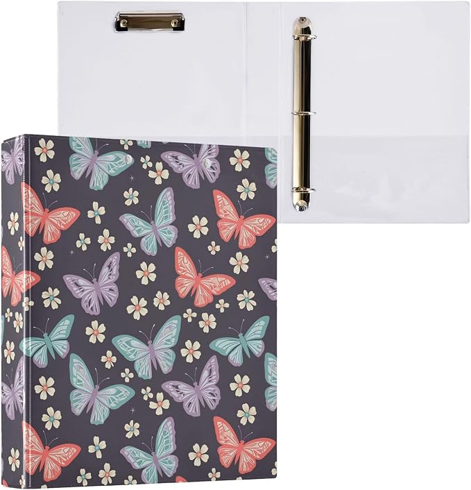 Butterfly Insect Flower Round Ring Binders 1.5 Inch Biology Botany Natural Science 3 Ring Clipboard Binder for Office School Work Supplies File Folder 200 Sheet Capacity 2 Pieces