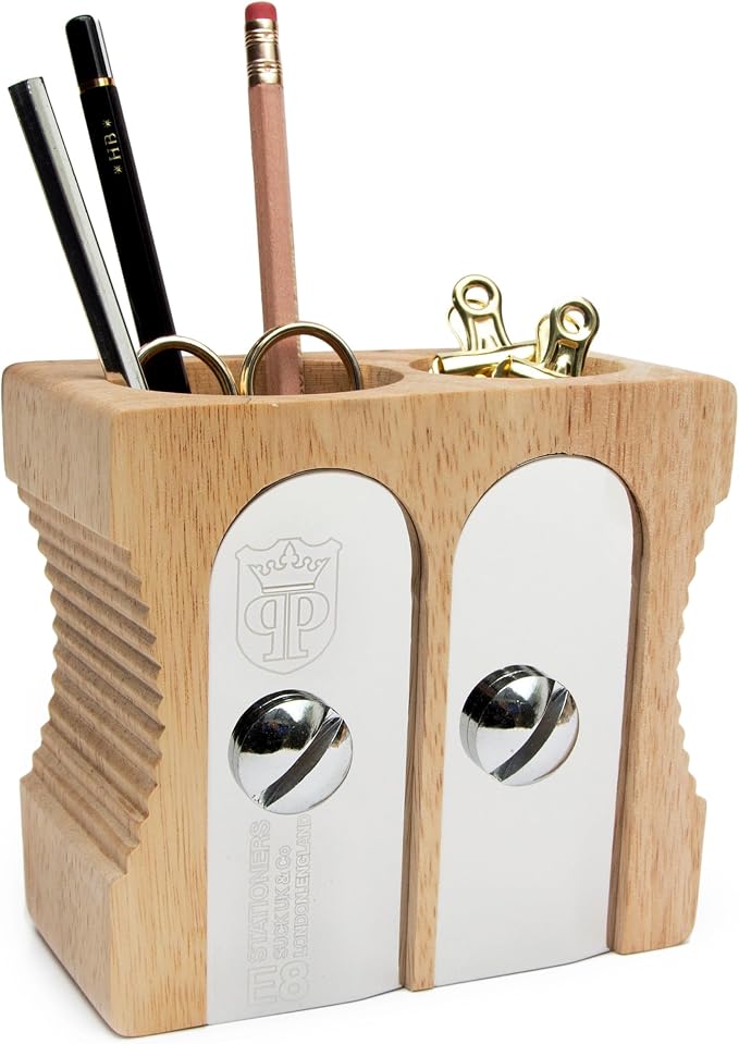 Suck UK Pen Holder - Wooden Pencil Sharpener - Stationary Organiser - Desk Tidy - Quirky Office Desk Accessories - Funny Pencil Pot - Novelty Pen Holder - Vintage Teacher Gifts For Men - Double