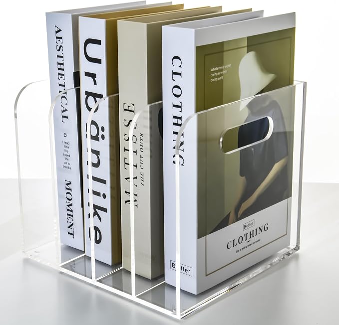 4 Vertical Compartments File Holder, Clear Acrylic Desk Organizer and Storage Bins Holding for Magazines, Binders, Notebooks, Envelopes, Multi-purpose Document Organizer for Home Office