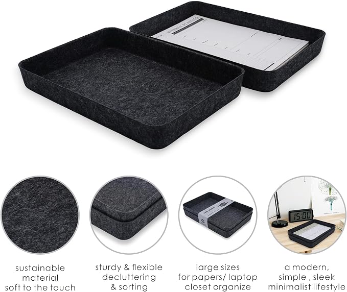 2pc Office desk drawer organizer tray documents Storage bin Charcoal