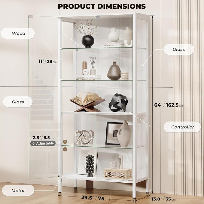 Glass Display Cabinet, 5-Tier Display Case with Adjustable Glass Shelves, Metal Curio Cabinet with 3 Color Lights for Collectibles, Bookcase with Human Body Sensor, White