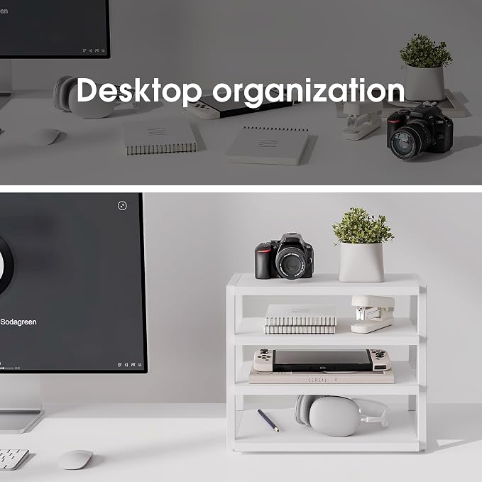 Fenge Desk Shelf Organizer, 4-Tier Tower Desktop Office Shelves, White | Wood and Metal Open Shelf, Corner File Organizer for Office Supplies, Top of Desk Organizers and Accessories
