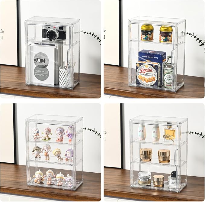 3 Tier Display Case for Collectibles,Clear Display Box with 2 Movable Plates ,Storage Container with Magnetic Door (Large 3 Pack)