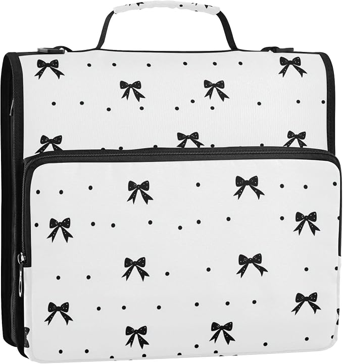 Black Bow Dot White Zipper Binder with Shoulder Strap Trapper Keeper 3 Ring Binder Organizer Large Capacity Multiple Compartments for School Office