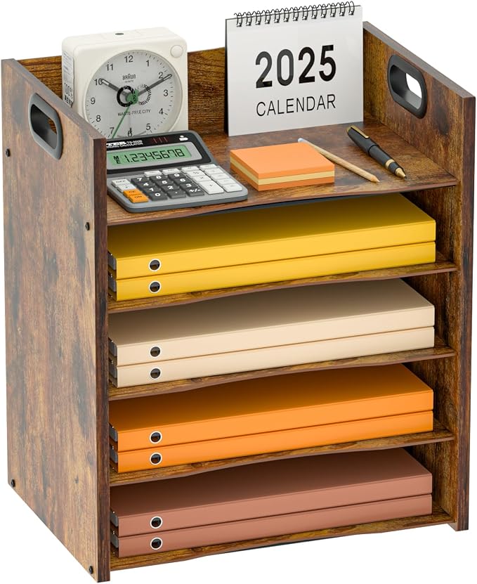 5-Tier Wood Paper Organizer, File Holder for Desk With Handle | Keep Desk Clean,Space Saving,Wooden Paper Letter Tray, Desk Organizer and Accessories, File Cabinet for Home Office, School