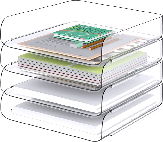 Tomorotec 4 Pack Clear Stackable Letter Tray, A4 Desk File Organizer Set | Durable PET Anti-Skid Base For Home, School Or Office Document Paper Storage. Side Load Access Design, Portrait