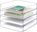 Tomorotec 4 Pack Clear Stackable Letter Tray, A4 Desk File Organizer Set | Durable PET Anti-Skid Base For Home, School Or Office Document Paper Storage. Side Load Access Design, Portrait