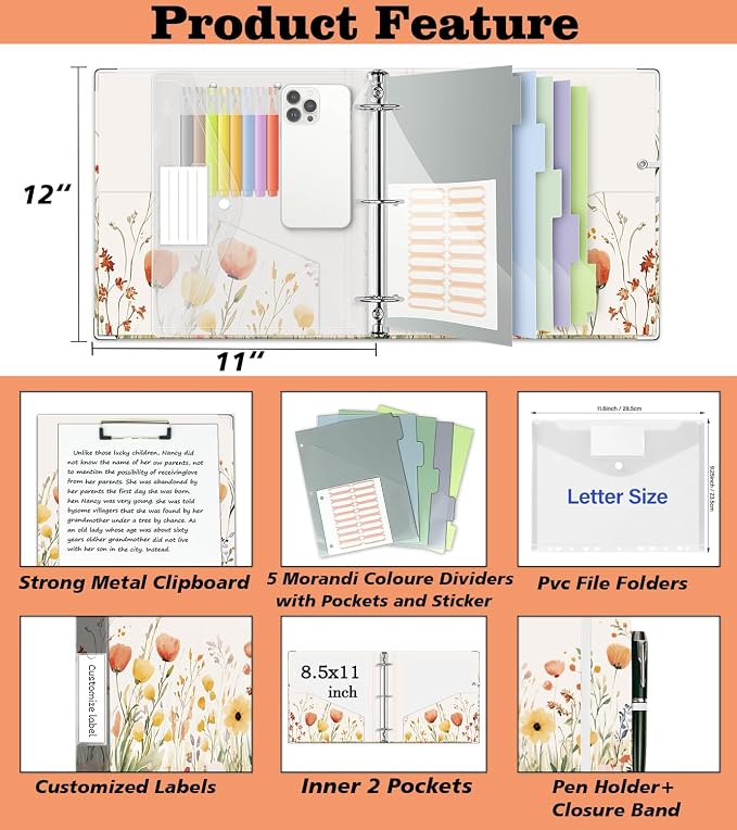 3 Ring Binder 2 Inch for 8.5"x11" Paper, Three Ring Binders with Clipboard, 5 Dividers with Tabs and Pockets, Decorative Binder with Pen Holder,Weed