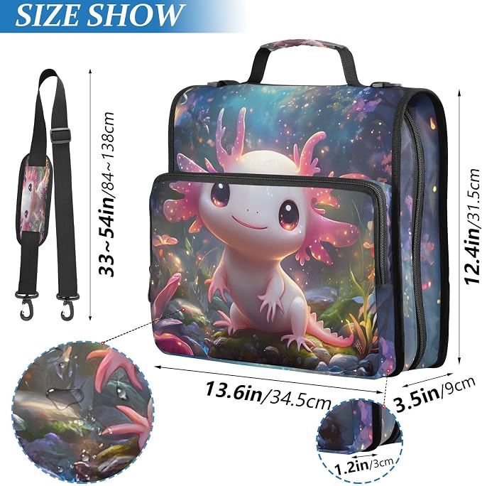 3 Ring Zipper Binder with Shoulder Strap Cute Axolotl Animal 2 Inch Zippered Binder Bag 500 Sheet Capacity Multi Pockets for School Supplies