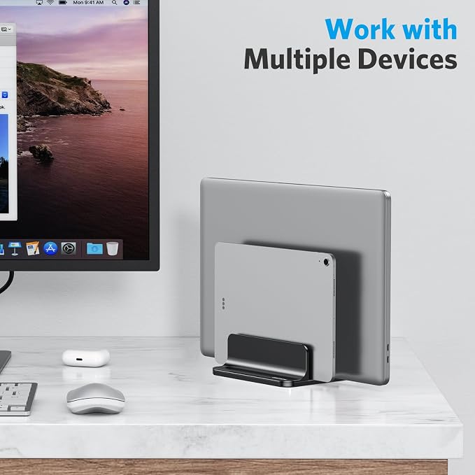 OMOTON Dual Vertical Desk Laptop Stand Holder, Fits MacBook Air/Pro, Black | Aluminum Laptop Storage Rack for Desk, Adjustable Dock for Up to 17.3 in. Gaming Laptop, Space-Saving Desk Organizer