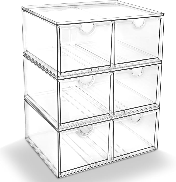 Prsildan 6 Small Drawers Stackable Storage Drawer Clear Acrylic Organizer | Makeup Organizers, Vanity Bathroom Kitchen Cabinets Under Sink Home Organization, 3 Pack