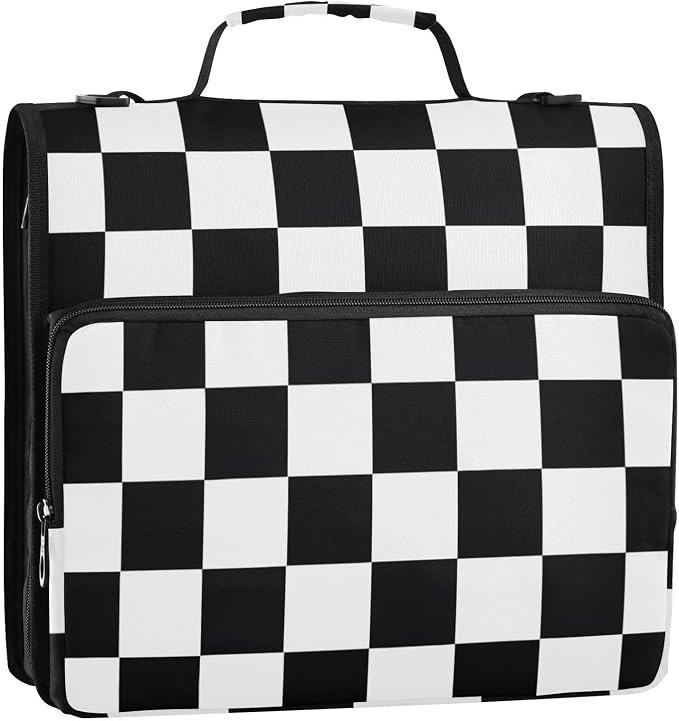 Checked Pattern Zipper Binder 3 Ring Binder with Shoulder Strap 500 Sheet Capacity Storage Organizer Trapper Keeper File Folder