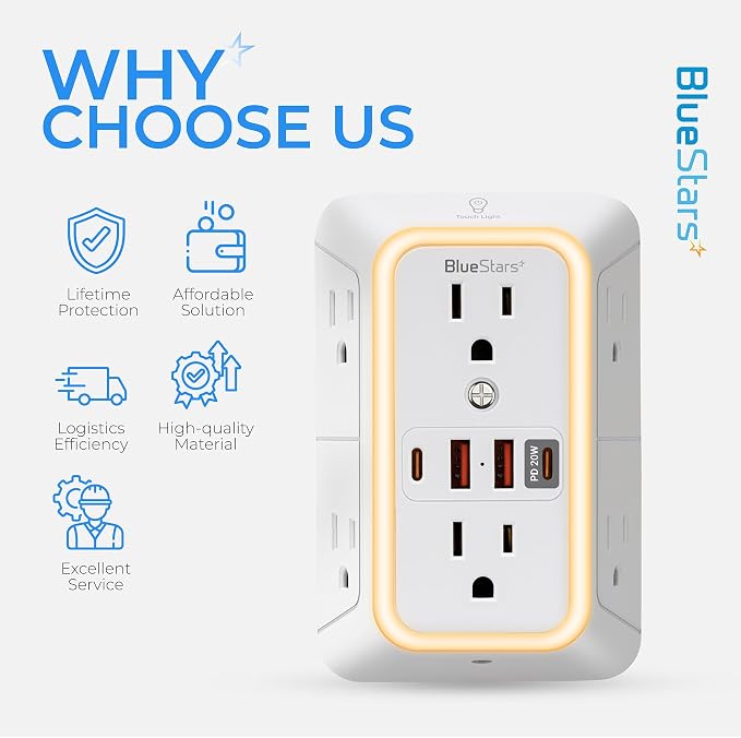Surge Protector Outlet Extender, 6 Outlets & 4 USB Ports with Fast Charging Type C PD 20W, Night Light, 3-Sided Power Strip, Multi Plug Wall Charger for Home, Office, Travel, Cruise Ship